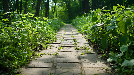 Obraz premium Stone pathway leads through a sunlit green forest with lush vegetation and vibrant sunlight creating a serene natural landscape