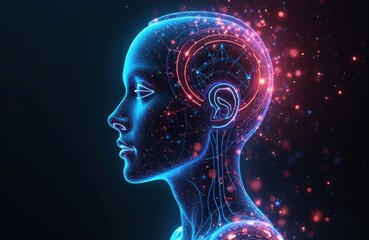 Neon glow of AI brain network on human head. Chatbot, digital AI assistant concept. Tech of future, machine learning, neural network, modern virtual cyberspace assistance. Digital human.