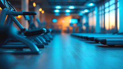 Empty Modern Gym with Treadmills. Blurred Fitness Center Workout Equipment in Blue Light