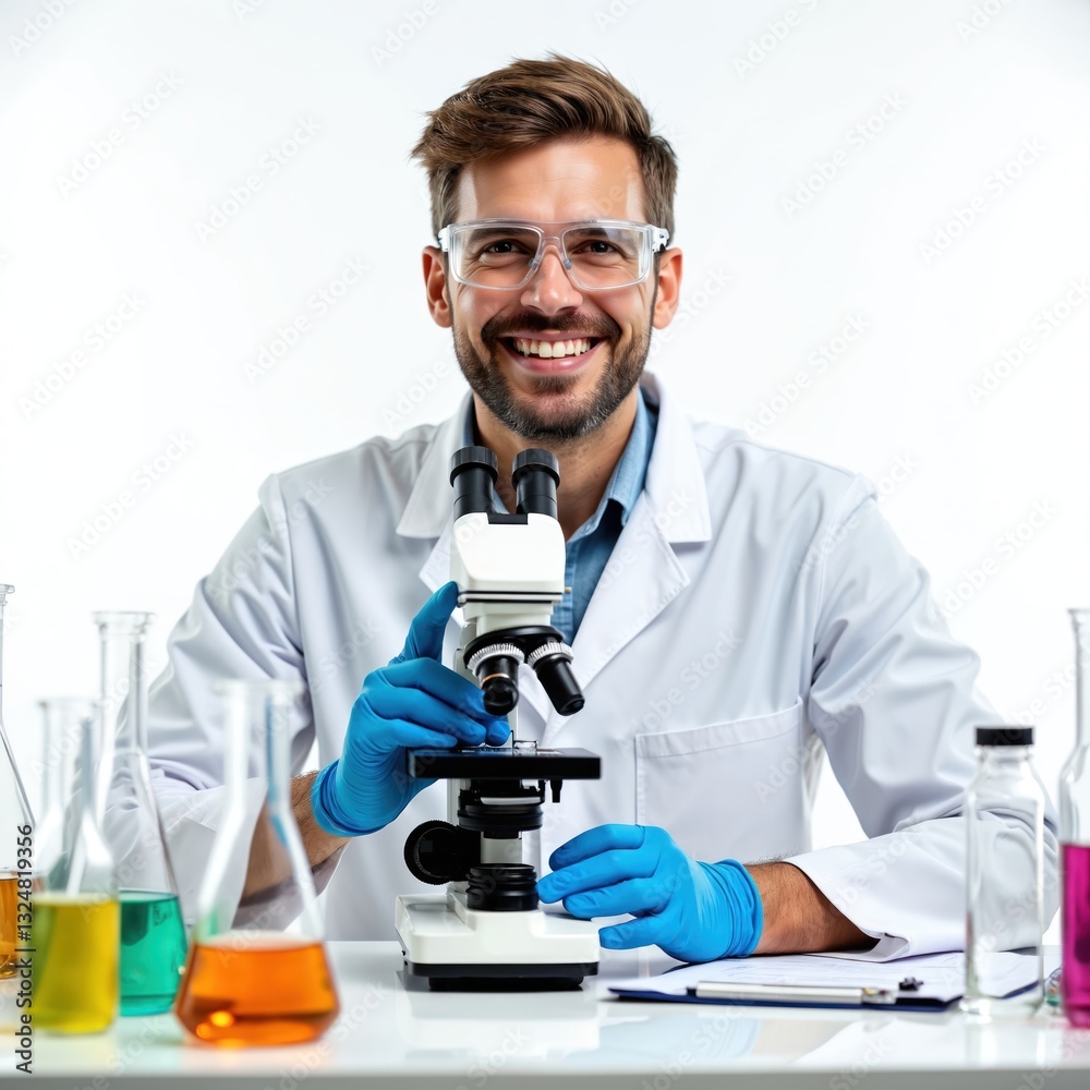 Poster smiling scientist in lab coat conducts research with microscope, colorful liquid samples in beakers 