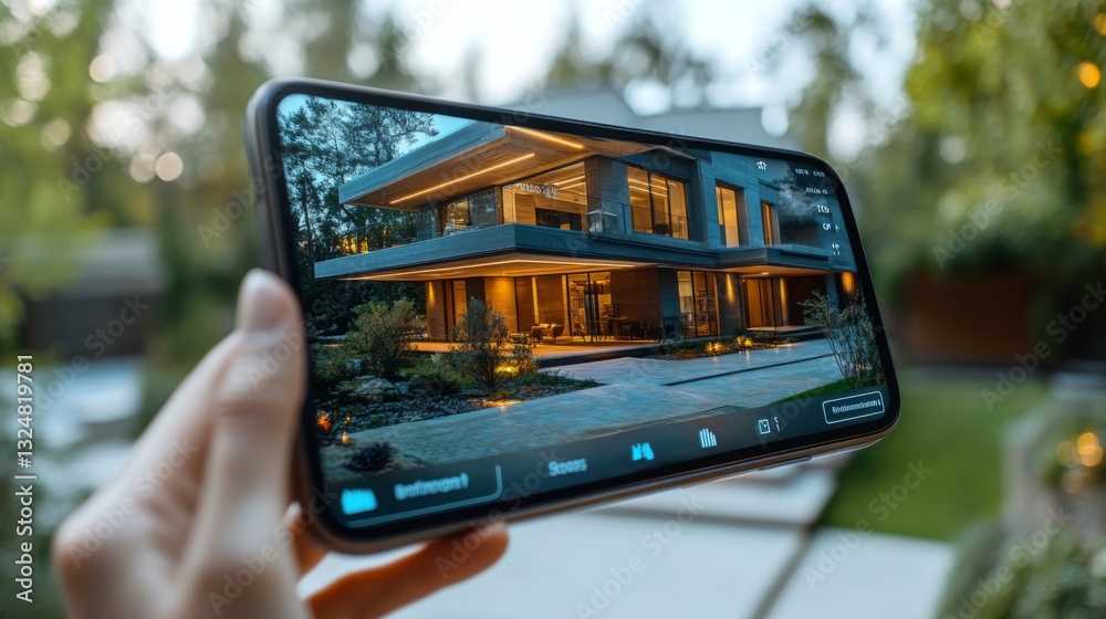Leinwandbilder a hand holds a smartphone displaying a beautifully designed modern house illuminated during twilight
