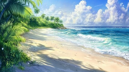 Soft waves wash onto a sandy shore as vibrant palm trees frame the coastline, creating a serene tropical setting on a sunny day. Fluffy clouds drift across the sky