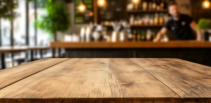 empty wooden table top with a blurred background of a bar counter and bart