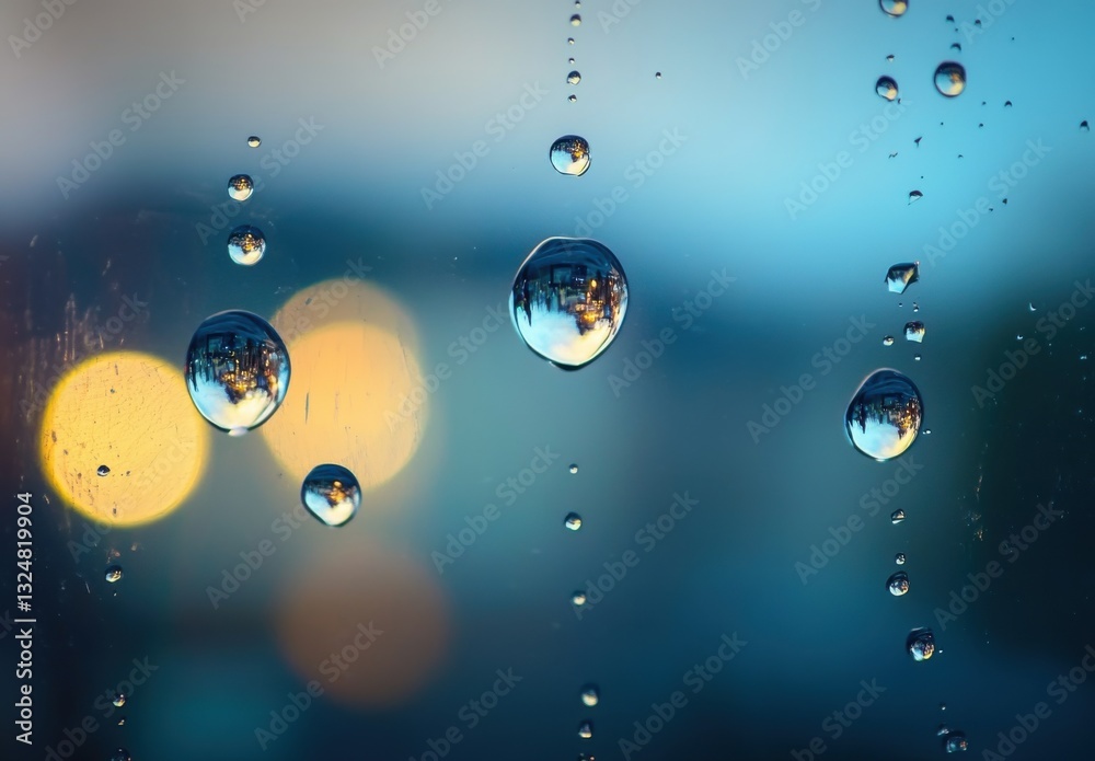 Poster close-up of raindrops on the glass, reflecting blurred city lights in soft blue and yellow tones. th