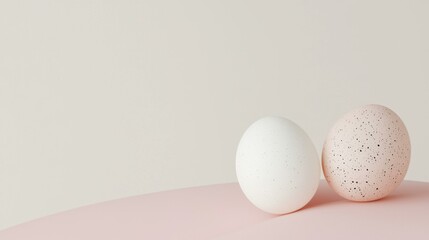 Clean Easter theme, two speckled decorative eggs resting on pink base, gentle tones, copy space