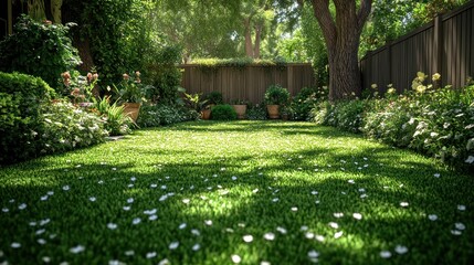 Sunny backyard garden with flowers and shadows