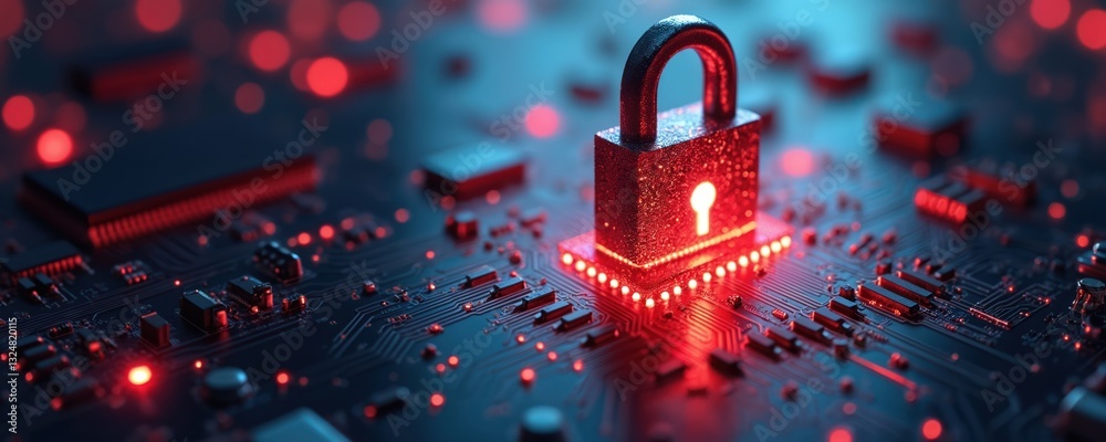 Poster Glowing red padlock on circuit board represents digital protection, data security in digital age. Futuristic abstract network background. Electronic safeguard innovation, secure internet privacy,