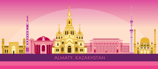 Sunset Skyline panorama of city of Almaty, Kazakhstan - vector illustration