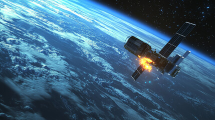 Geostationary telecommunications satellite from space sends a digital signal via satellite dish. Conceptual abstract background. VECTOR