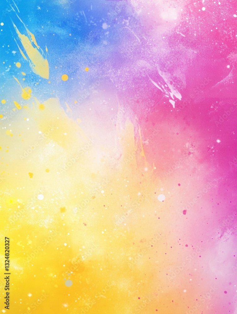 Poster vivid background with iridescent color splashes of yellow, pink, and blue creating a bold and eye-ca