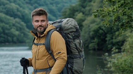 Obraz premium A rugged man stands confidently in the wilderness, carrying backpacks and ready for exploration with a stick in hand