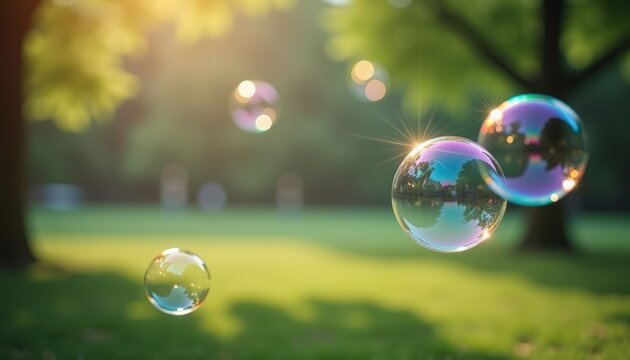 Moving floating in the air soap bubbles with reflections, blurred green sunny park on background. Children's holidays, International Children’s Day, entertainment events. Summer and walks