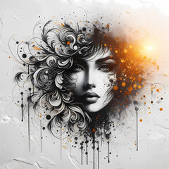 A stunning black and white tattoo design emerges on a textured white background,