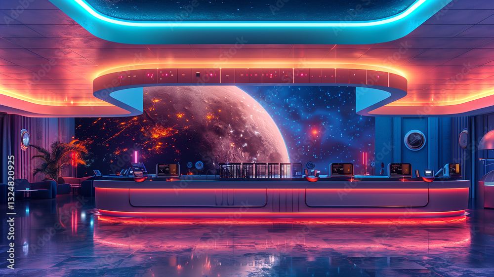 Poster this guests check in at a futuristic hotel lobby with a stunning view of a planet and glowing decor.