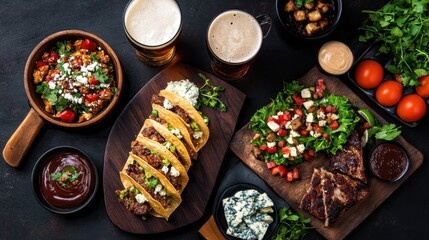 Variety of delicious mexican dishes with tacos and fresh ingredients on rustic table. National Rotate Your Beer Day