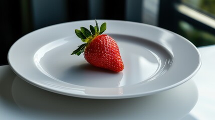 A vibrant red strawberry sits alone on a simple white plate. Soft natural light illuminates the fruit, highlighting its texture and freshness, making it visually appealing