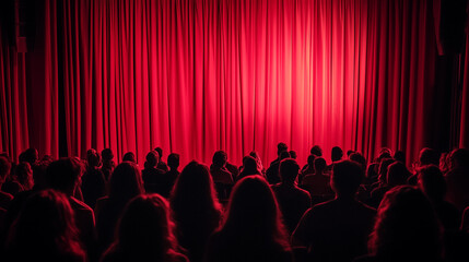 a crowd of people sitting in front red curtain