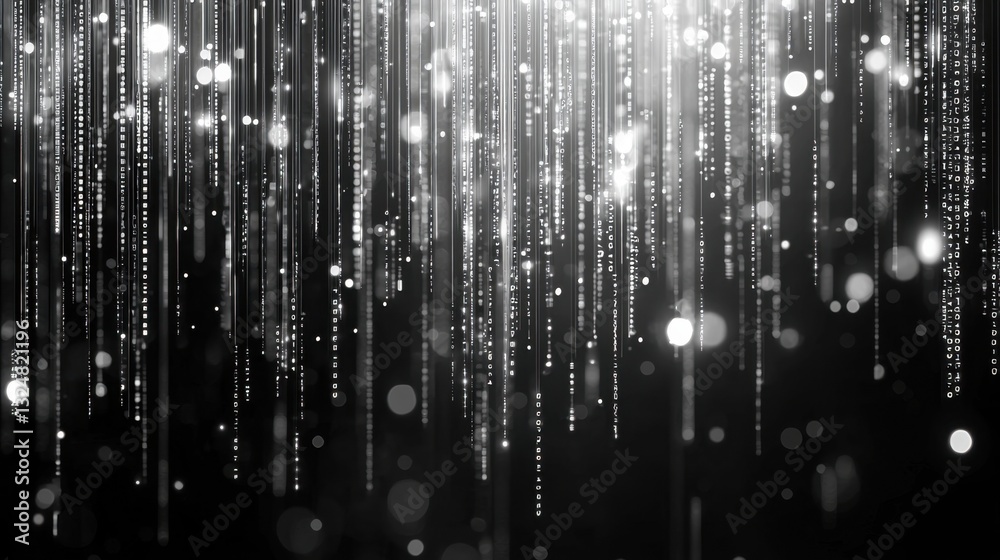 Poster flowing lines of binary code descend as a digital rain, set against a dark backdrop. the shimmering 