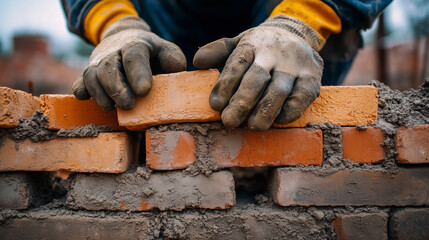 a close up of hands and gloves of a construction man laying brick on a wall