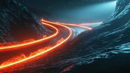 Fototapeta premium Bright orange lava winds through a dark, rocky terrain under a sky filled with stars. The glowing flow contrasts with the rough textures of the landscape, creating a captivating view