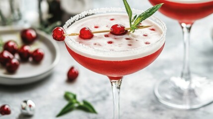 Refreshing cranberry margarita with fresh mint garnish in elegant glassware