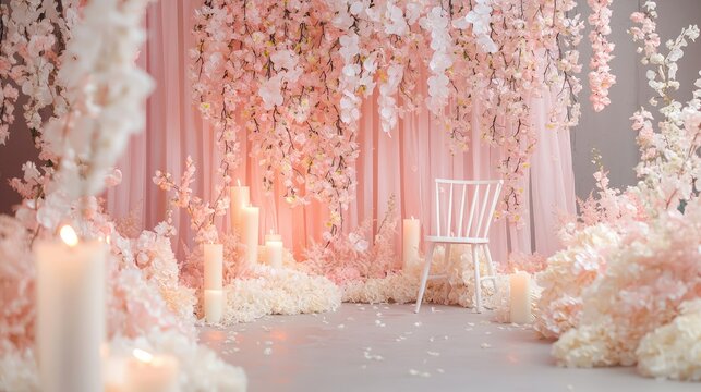 Floral display featuring a white chair and glowing candles