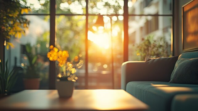 Blurred background of cozy living room with sunlight through windows, sofa, potted plant on table.