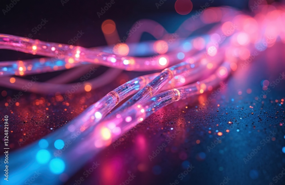 Poster fiber optic cables transmit data along neon digital network. information technology, high speed conn