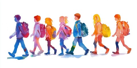 Walk to School Week UK Colorful watercolor silhouettes of diverse children with backpacks walking