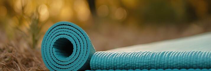 A rolled-up yoga mat resting on dry grass with a blurred, soft-focused natural background, illustrating a peaceful and calming approach to fitness and well-being.