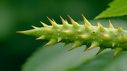 Naklejka premium Close Up Of Green Plant Stem With Sharp Thorns Growing Against Blurred Green Foliage Background