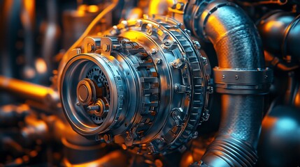 Fototapeta premium Close-up of a complex, metallic engine component with intricate gears and piping, illuminated with warm lighting
