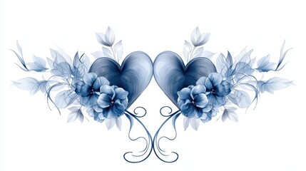 This artwork showcases two intertwining blue hearts surrounded by delicate flowers and leaves, creating a serene and romantic atmosphere suited for various occasions