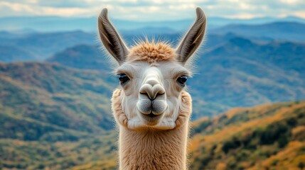 Obraz premium Close-up of a fluffy llama against a mountain backdrop