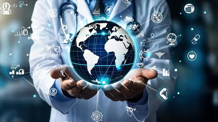 Doctor presenting digital globe with technology and healthcare icons - Powered by Adobe
