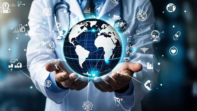 Doctor presenting digital globe with technology and healthcare icons - Powered by Adobe