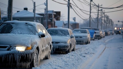 Snow-covered cars sit tightly packed along a residential street, with ice glistening in the soft early morning light. Power lines stretch overhead, completing the winter scenery