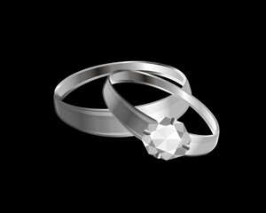 Wedding silver rings, one of them has a diamond. Black background. Vector design. 