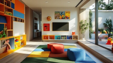 Modern Colorful Playroom Design with Large Windows and Outdoor View