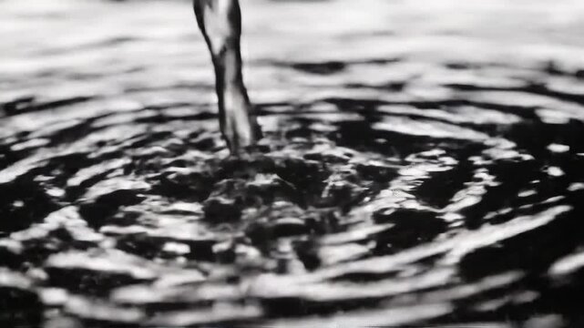 Water stream falling into surface creating concentric ripples in black and white. Slow motion liquid dynamics footage for meditation apps, voice assistant interfaces and relaxation content