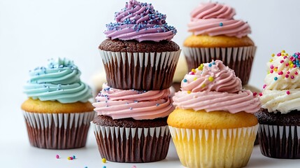 Stack of tasty cupcakes on white background