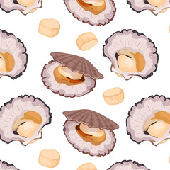 Seamless pattern of scallop shells, fresh seafood.