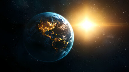 Fototapeta premium Earth in a precise orbital alignment, suns light piercing the vastness of space earth sun orbit, astronomical precision. ecliptic. illustration. Ecliptic Light. Illustration