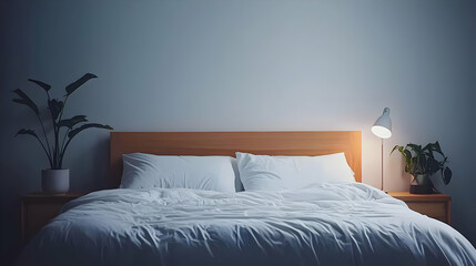 Modern Bedroom Interior with White Bedding Wooden Headboard Plants and Soft Lighting at Night