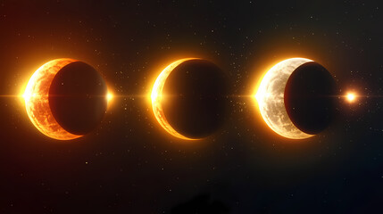 Solar eclipse in different phases. cosmos with moon and sun in total and partial solar eclipse and stars isolated on transparent background, vector realistic illustration. Ecliptic Light. Illustration