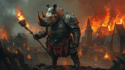 Fototapeta premium Armored rhino warrior, burning city, fantasy art, game cover