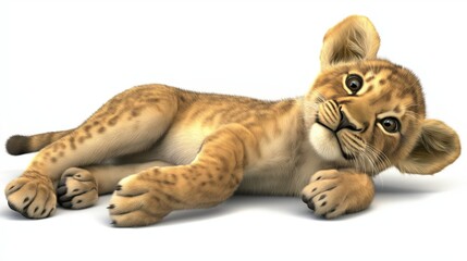 Obraz premium A cute lion cub with open eyes is smiling, he is lying on his back, his paws are raised up, he has a fluffy tail and beautiful ears. realistic picture.