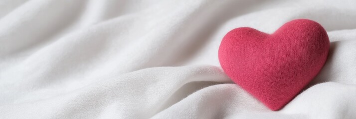 Fototapeta premium A vibrant red heart rests gently on a soft, white fabric, symbolizing love, warmth, and affection in a serene and cozy setting perfect for Valentine's Day.