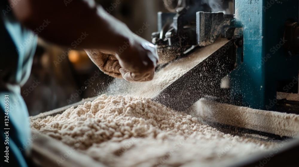 Poster Workers skillfully operate a machine in a food production line, where ingredients are processed efficiently. The environment is busy, showcasing advanced AI technology to enhance productivity.