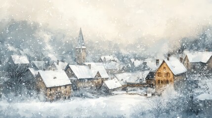 A peaceful village scene amidst heavy snowfall during wintertime